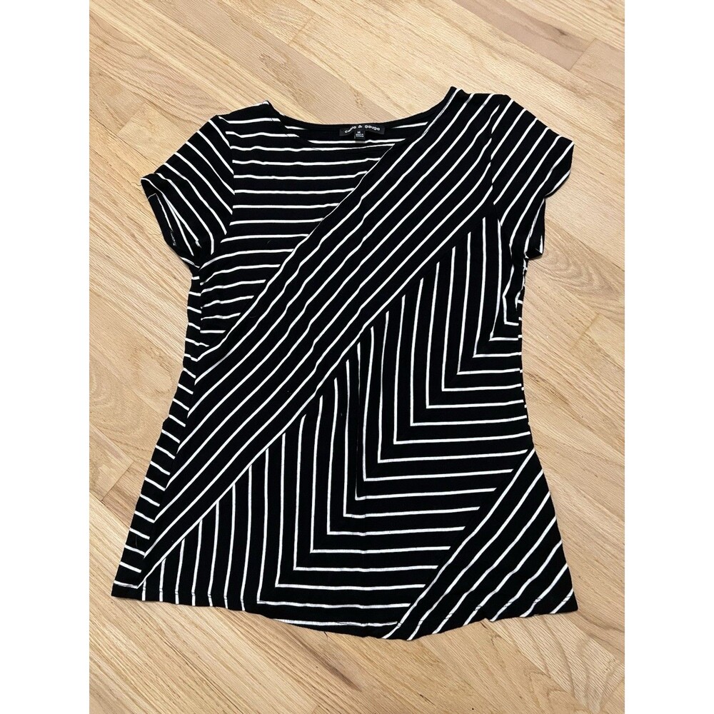 Cable & Gauge Womens Black White Striped Geometric Knit Top Short Sleeve Size M